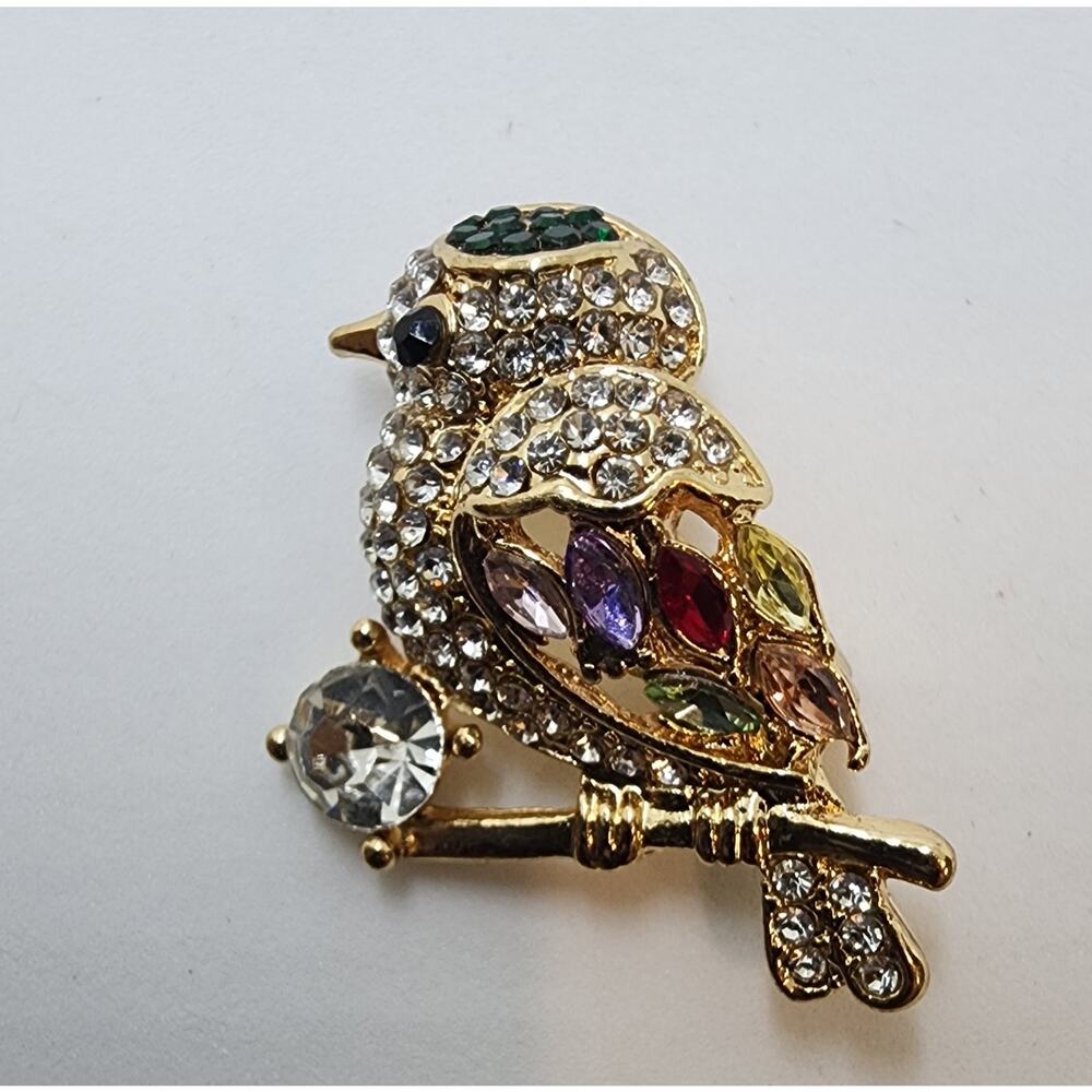 Sparkling Gold Tone Bird Brooch Pin with Multi Color Rhinestones and Crystals